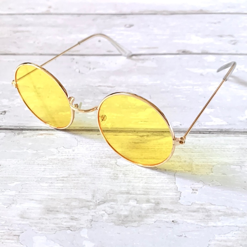 Yellow Tinted Retro Round Festival Sunglasses Unisex Glasses Mens Women’s NEW - Picture 2 of 3